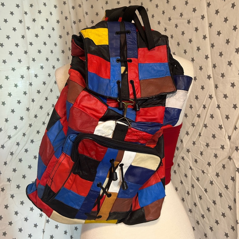 Vintage 80s Multicolour Leather Patchwork Backpack Eclectic Unique One Of A Kind